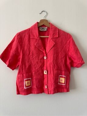 Vintage On The Rocks Linen Shirt Size M Orange Red Floral Button Front Top